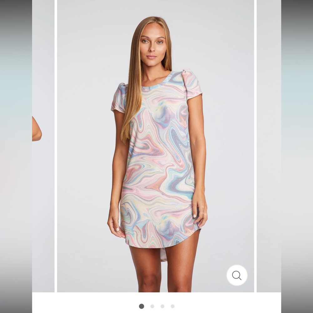 NWT- Chaser Recycled Cozy Knit Puff Sleeve Hi Lo Shirttail Dress/ Marble Reef S